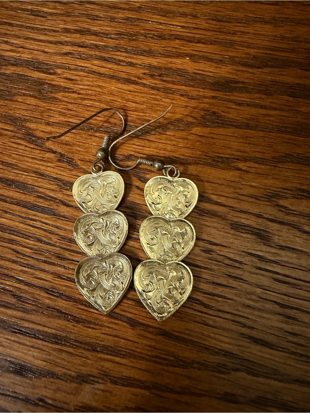 Vintage Gold Heart Drop Earrings - Three-Tier Filigree Hearts - Picture 2 of 3